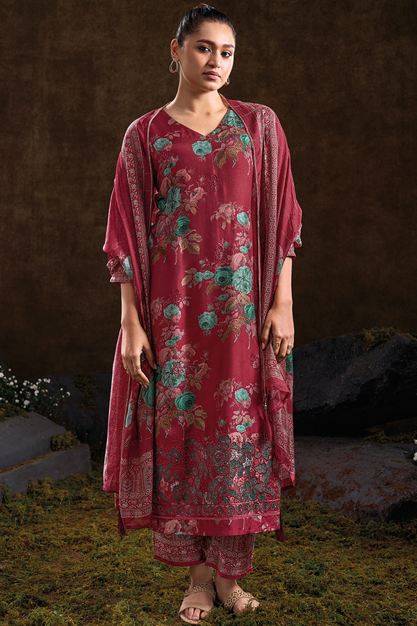 Glimmering Red Berry Pure Russian Silk Salwar Suit