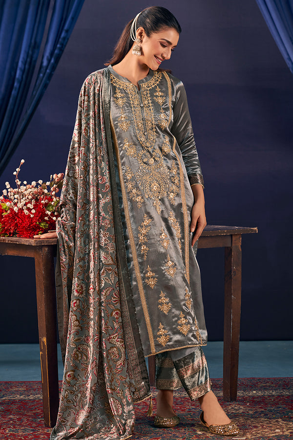 Premium Pure Mulberry Silk Solid Embroidered Salwar Suit