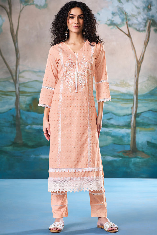 Superior Cotton Print Embroidered Orange Co-Ord Set