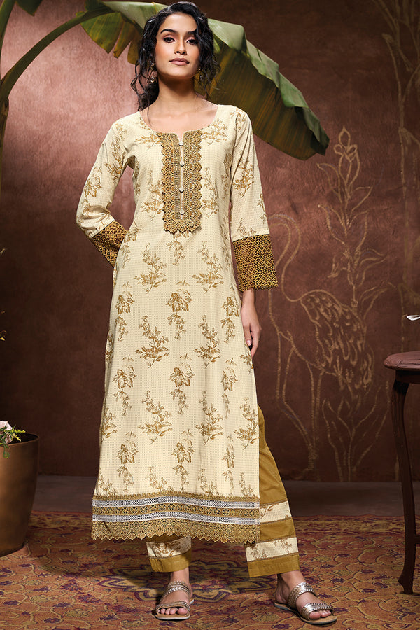 Superior Cotton Block Print With GPO Laces Beige Co-Ord Set