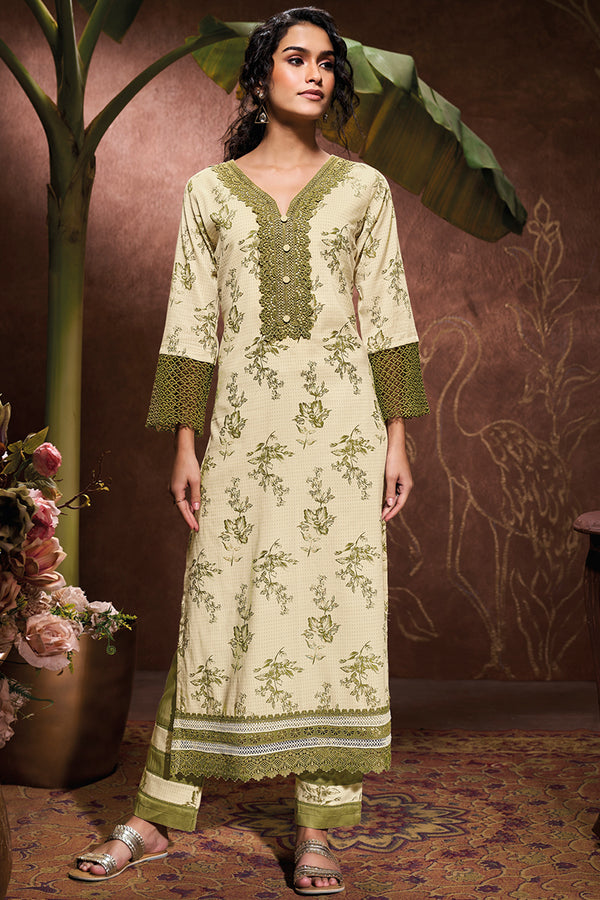 Superior Cotton Block Print With GPO Laces Green Co-Ord Set