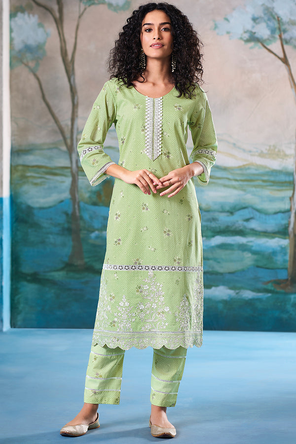 Superior Cotton Block Print With GPO Lace Green Co-Ord Set