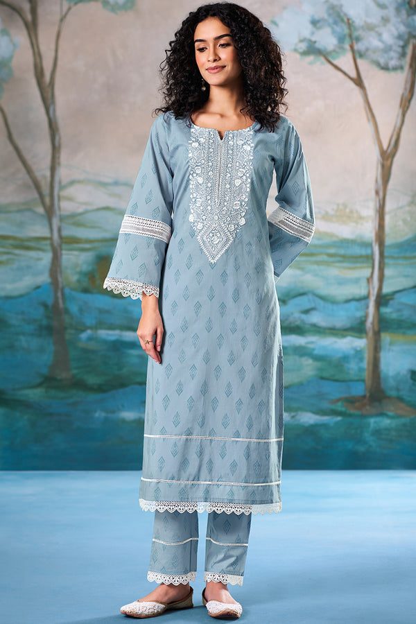 Superior Cotton Block Print Embroidered Blue Co-Ord Set