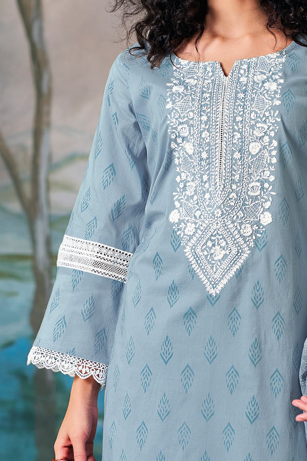 Superior Cotton Block Print Embroidered Blue Co-Ord Set