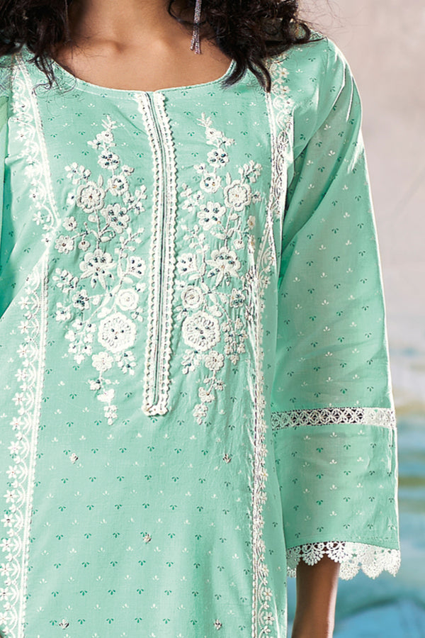 Superior Cotton Print Embroidered Greenish Cyan Co-Ord Set