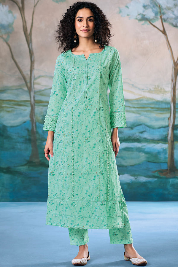 Superior Cotton Block Print Greenish Cyan Salwar Suit