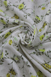 Off-White Green Flowers Digital Printed Cotton Slub Fabric