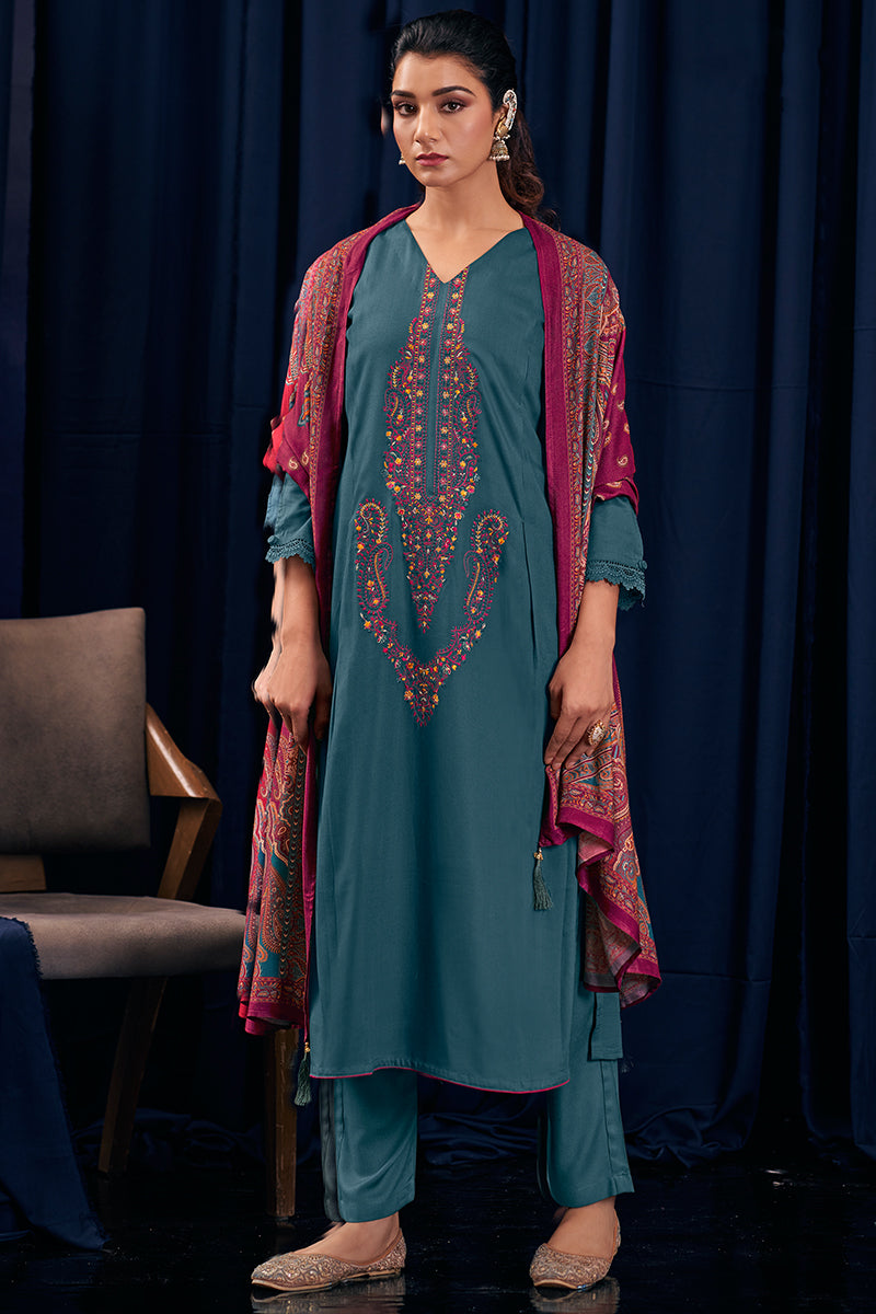 Premium Pure Pashmina Solid With Heavy Kashmiri Embroidered Suit