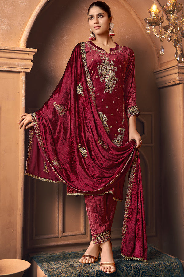 Pure Viscose Velvet Embroidered Salwar Suit