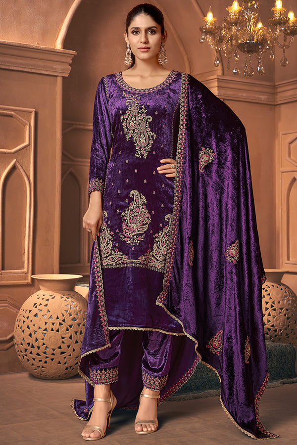 Pure Viscose Velvet Embroidered Salwar Suit