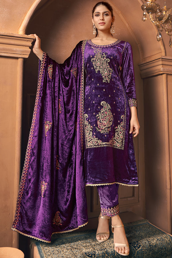 Pure Viscose Velvet Embroidered Salwar Suit
