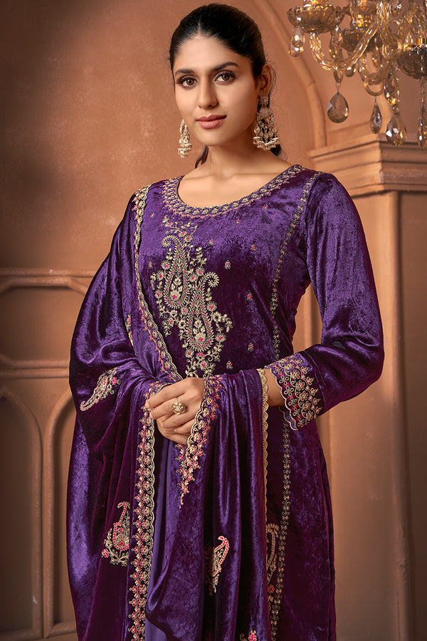 Pure Viscose Velvet Embroidered Salwar Suit