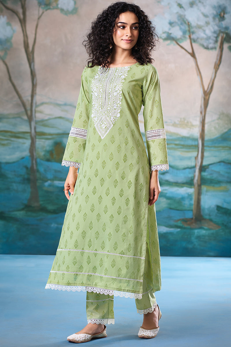 Superior Cotton Block Print Embroidered Green Co-Ord Set