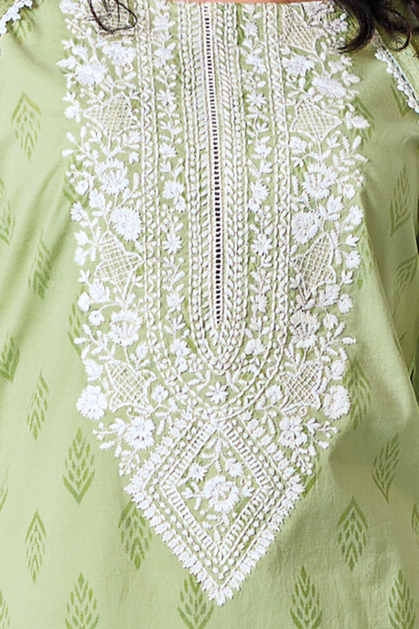 Superior Cotton Block Print Embroidered Green Co-Ord Set