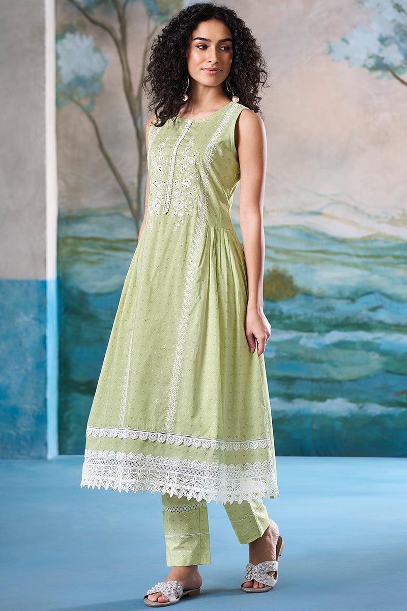 Superior Cotton Print Embroidered Green Co-Ord Set