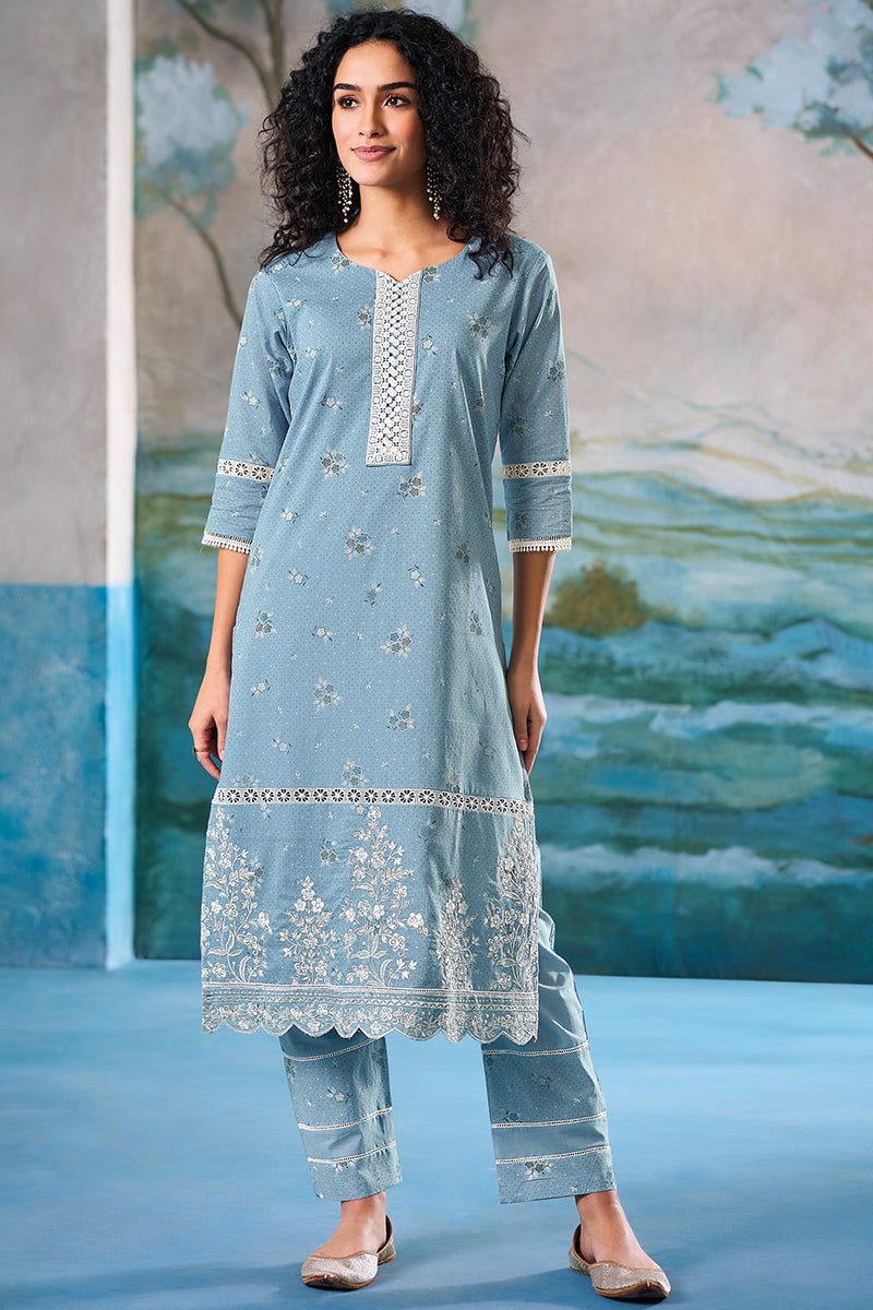Superior Cotton Block Print With GPO Lace Blue Co-Ord Set