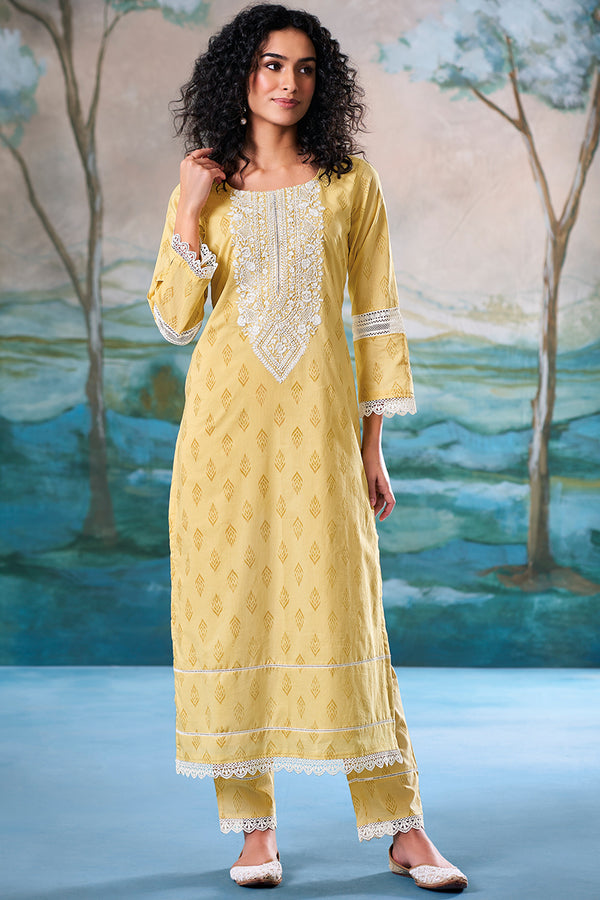 Superior Cotton Block Print Embroidered Yellow Co-Ord Set