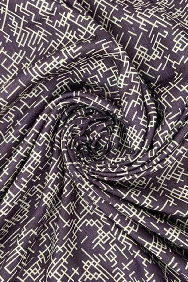 Geometric Grid Lines Digital Print on Purple Pashmina Wool Fabric