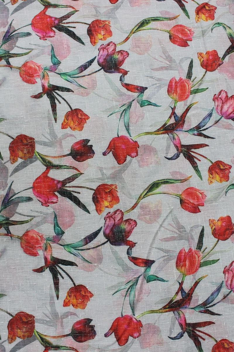 Red Flowers On Cream Digital Printed Cotton Slub Fabric