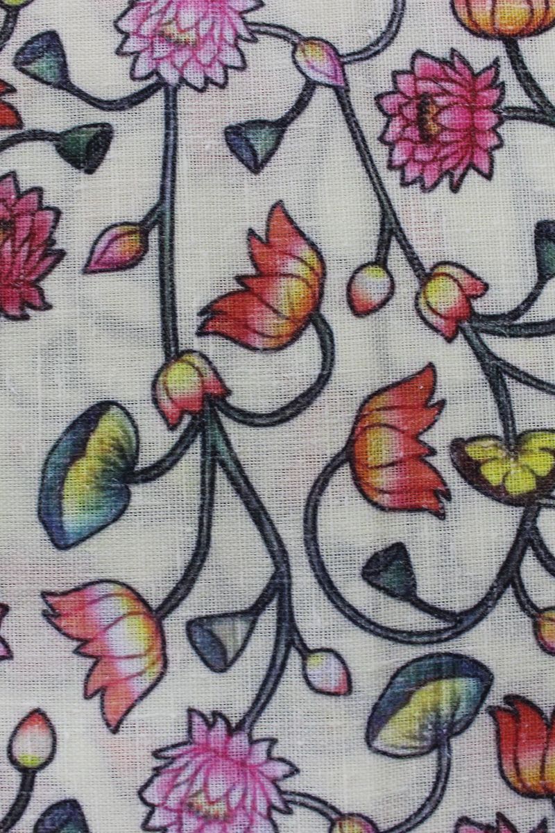 Lotus On Cream Digital Printed Cotton Slub Fabric
