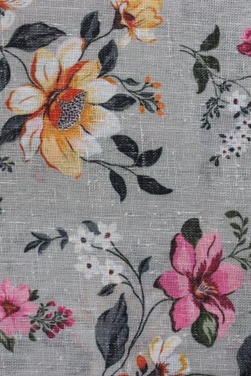 Grey Multicolor Flower Digital Printed Cotton Slub Fabric