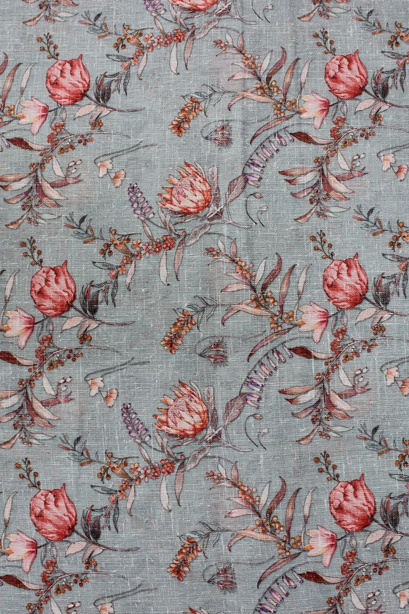 Grey With Red Flowers Digital Printed Cotton Slub Fabric