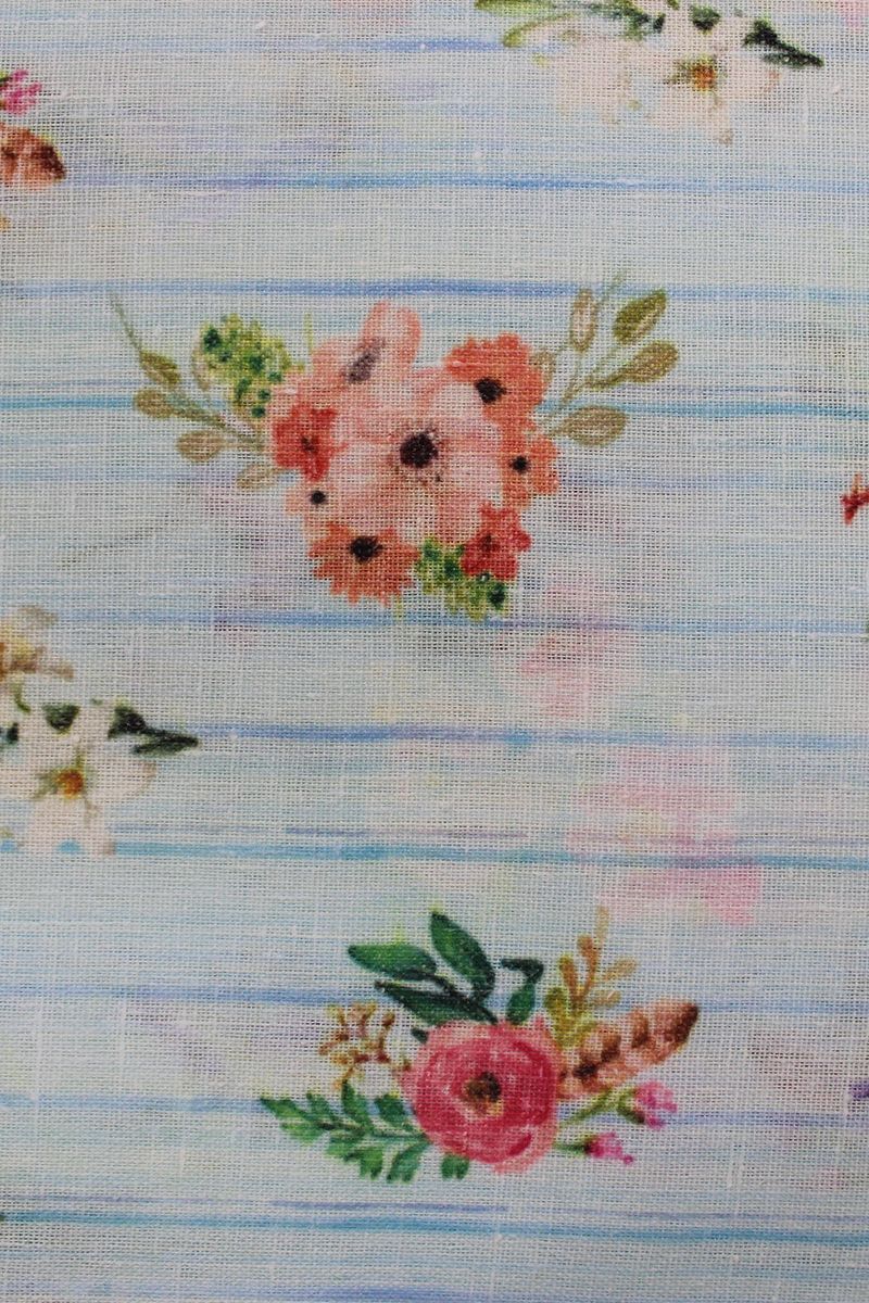 Sky Blue All Over Flowers Digital Printed Cotton Slub Fabric